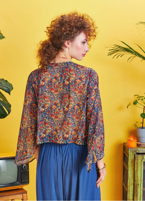 Wrap Front Chiffon Red Floral Bell Sleeve Top