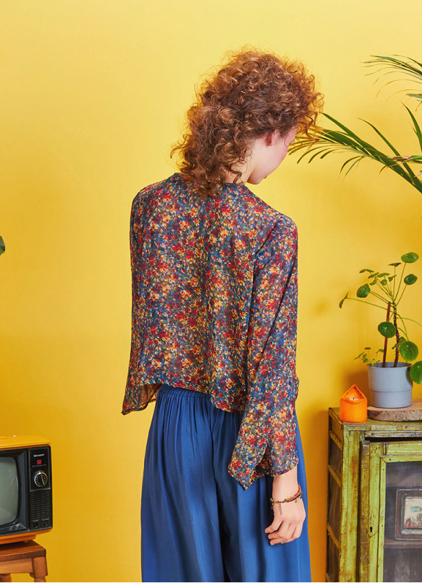 Wrap Front Chiffon Red Floral Bell Sleeve Top