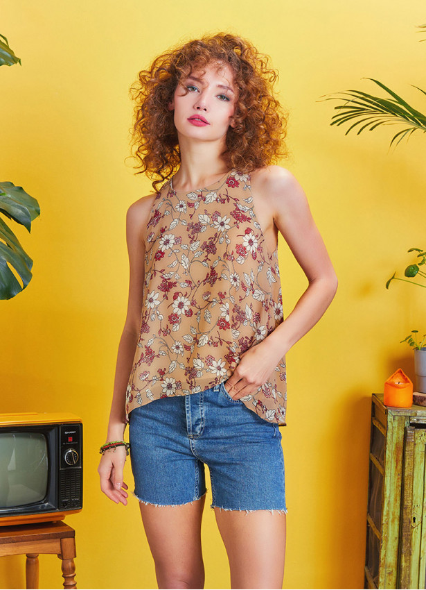 Layered Open Back Detail Flowers Halter Neck Boho Top