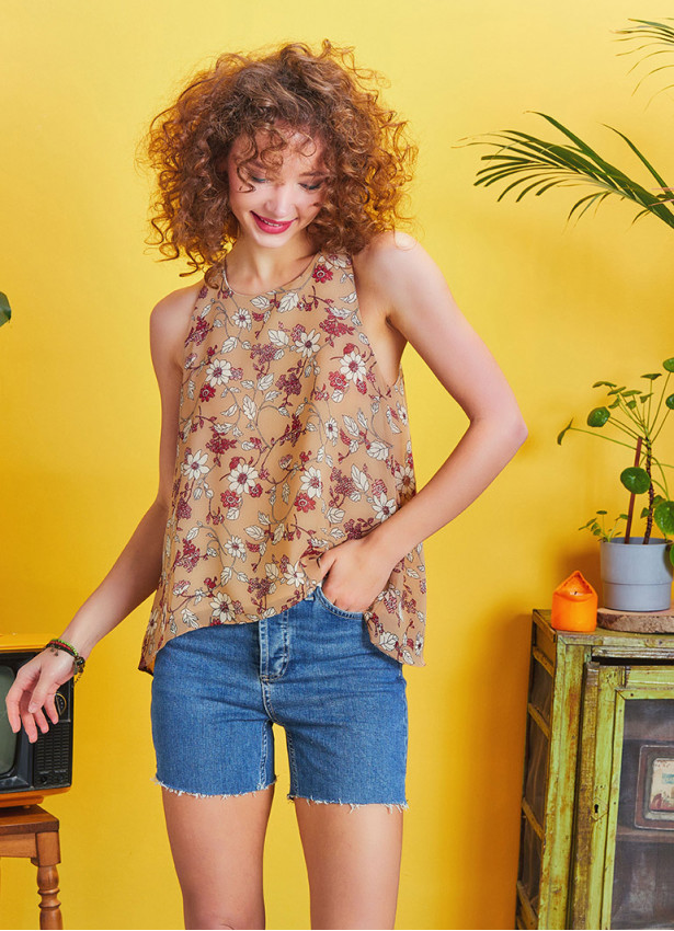 Layered Open Back Detail Flowers Halter Neck Boho Top