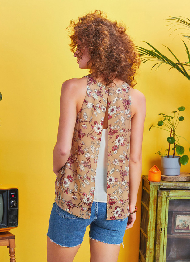 Layered Open Back Detail Flowers Halter Neck Boho Top