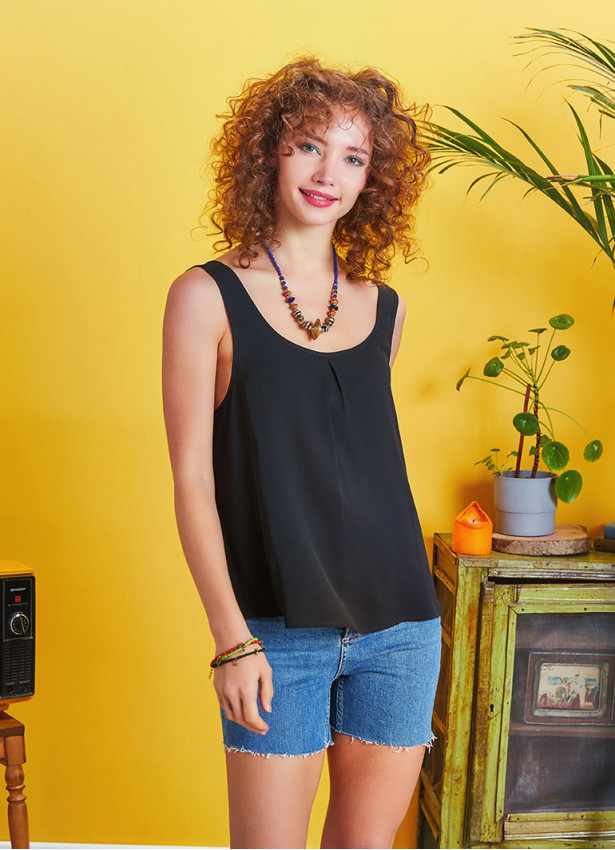 Scoop Neck Wide Strap Black Open Back Top