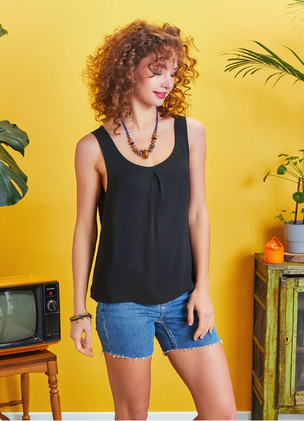 Scoop Neck Wide Strap Black Open Back Top