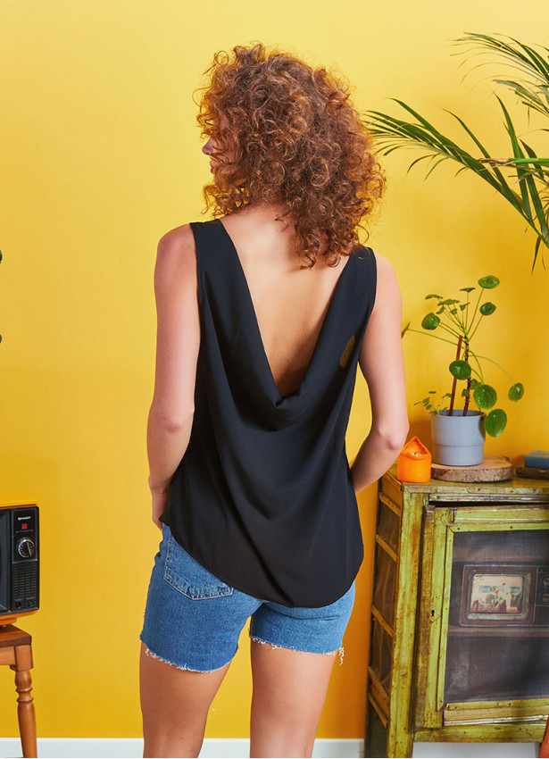 Scoop Neck Wide Strap Black Open Back Top
