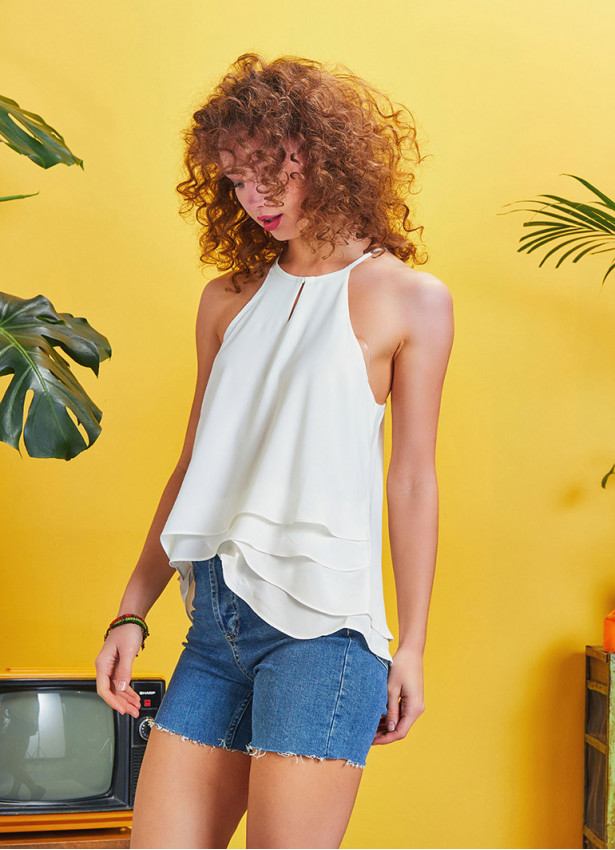 Cut Out Detail White Halter Neck Top