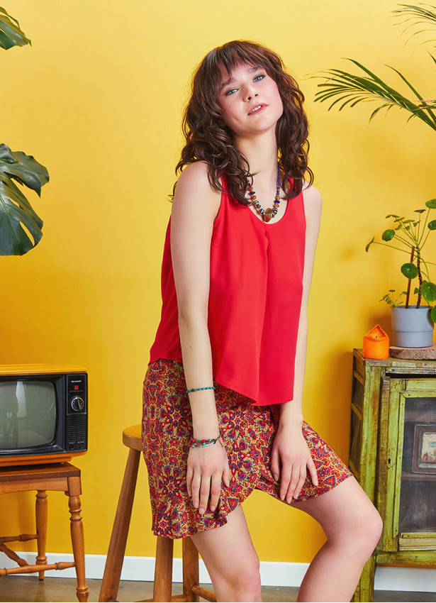 Boho Chic Flared Wrap Red Print Mini Skirt