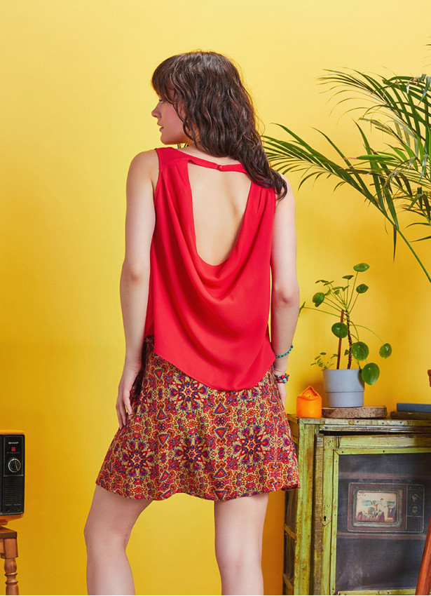 Boho Chic Flared Wrap Red Print Mini Skirt