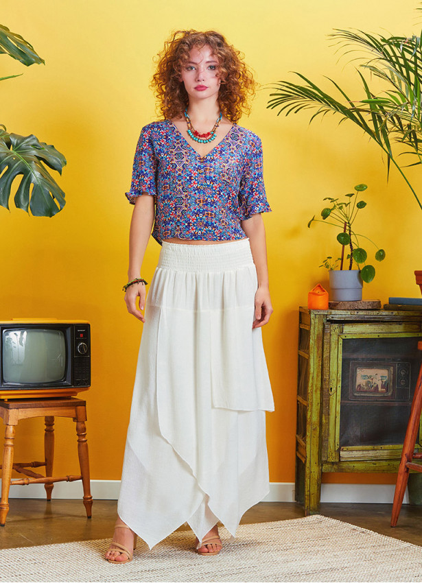 Smocked Waist Layered White Maxi Boho Skirt