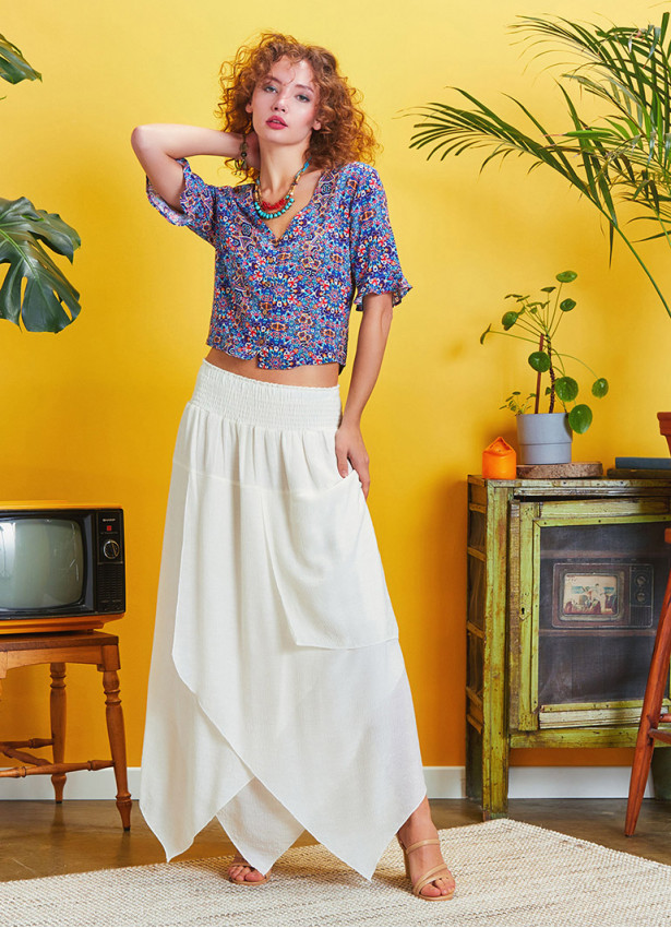 Smocked Waist Layered White Maxi Boho Skirt