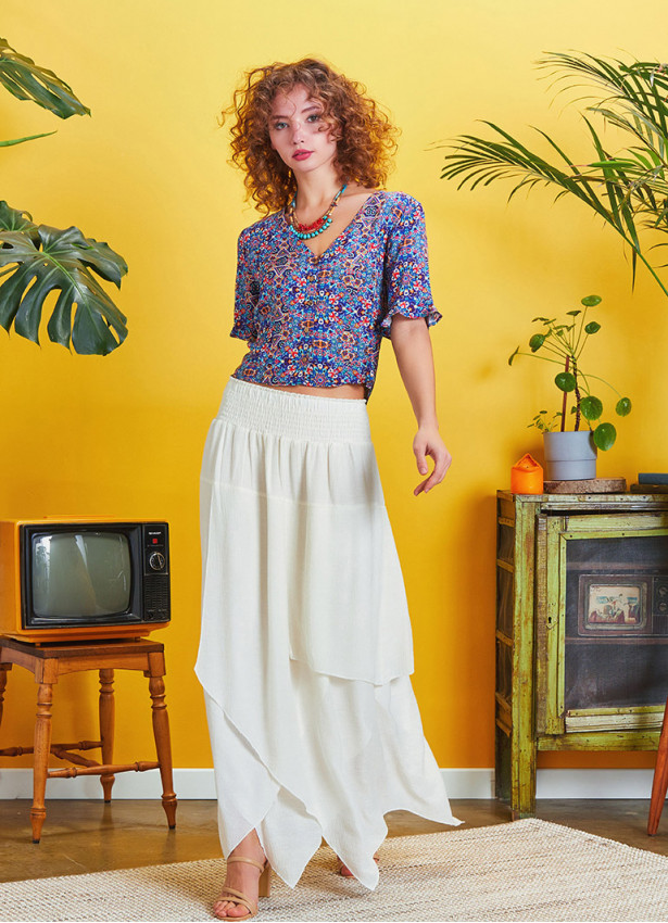 Smocked Waist Layered White Maxi Boho Skirt