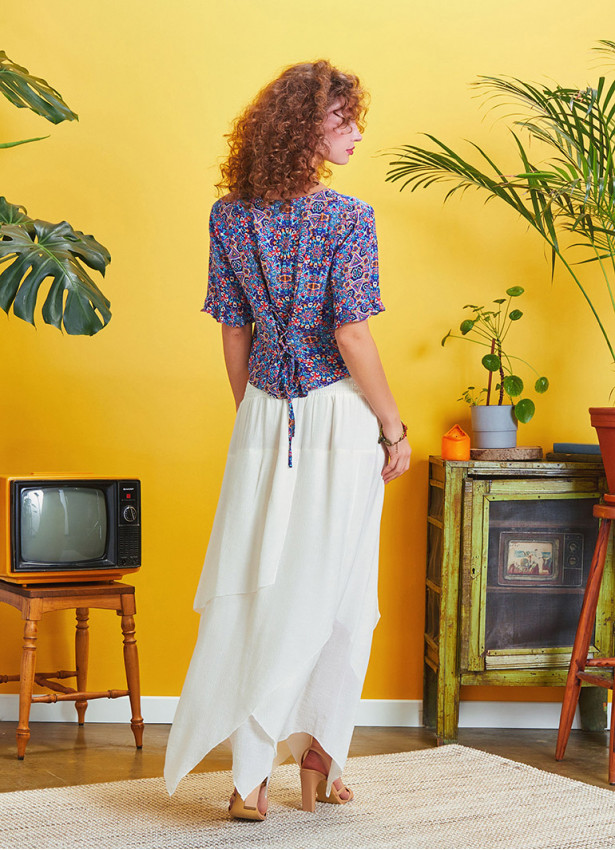 Smocked Waist Layered White Maxi Boho Skirt