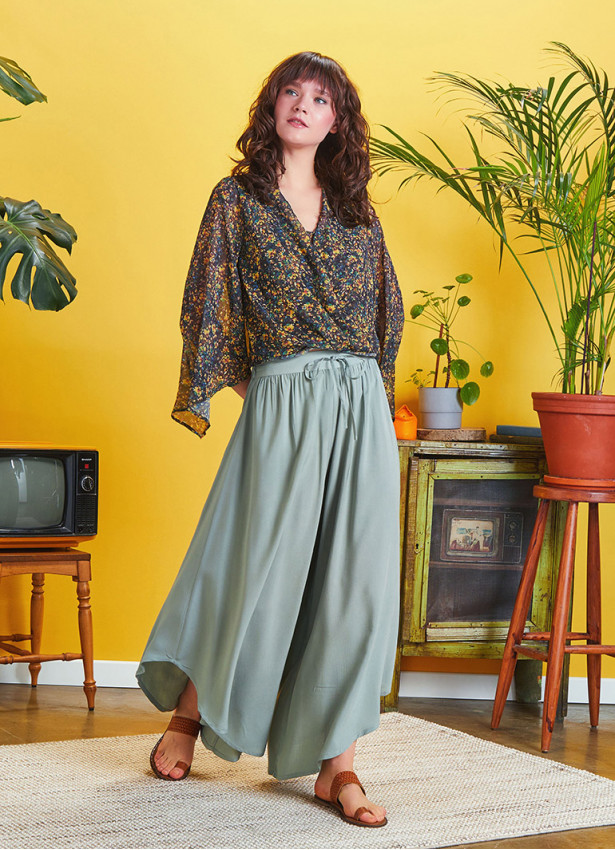 Boho Style Draw String Green Wide Leg Loose Pants