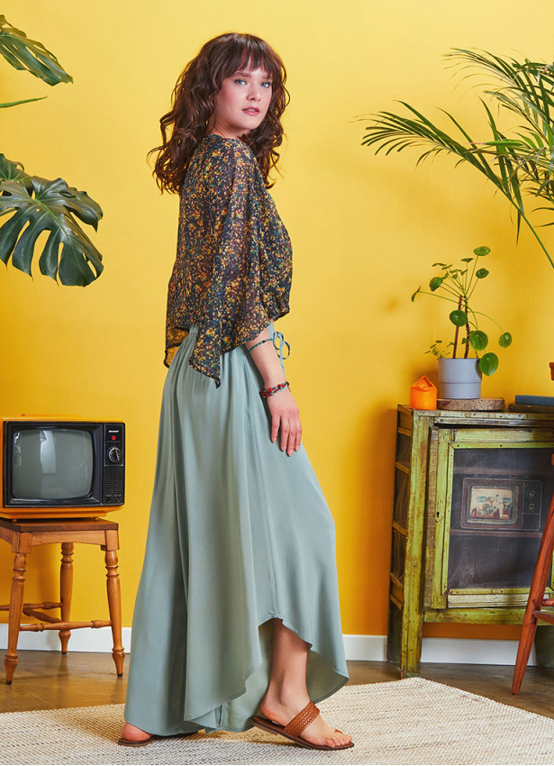 Boho Style Draw String Green Wide Leg Loose Pants