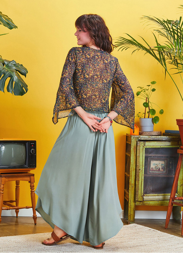 Boho Style Draw String Green Wide Leg Loose Pants