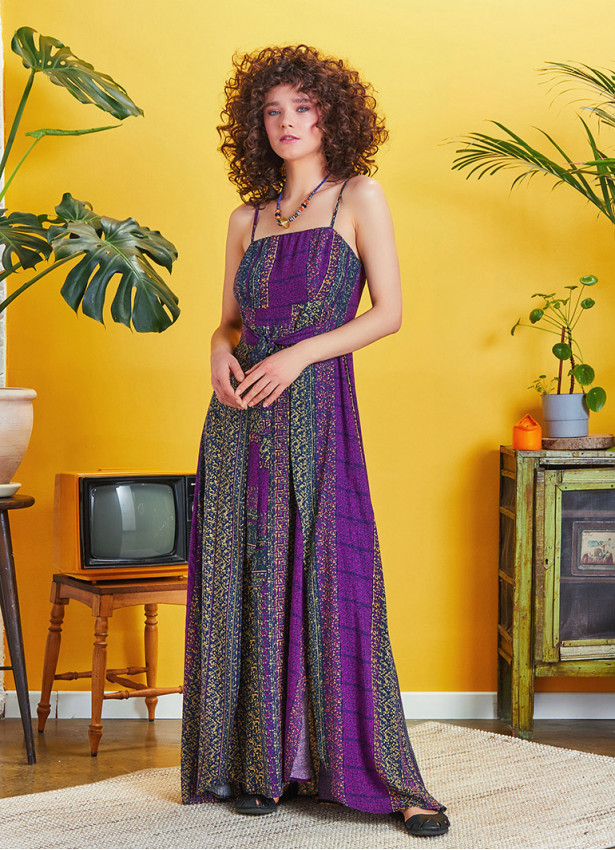 Purple Patterned Strappy Wrap Maxi Dress