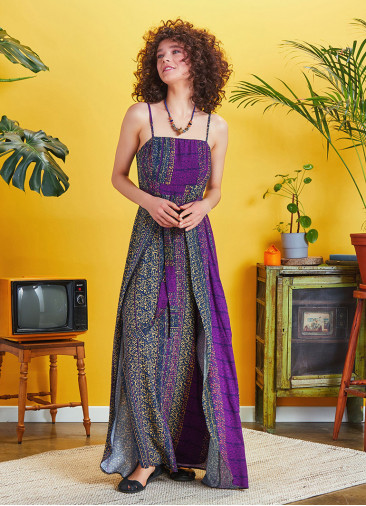 Purple Patterned Strappy Wrap Maxi Dress