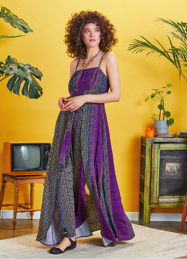 Purple Patterned Strappy Wrap Maxi Dress
