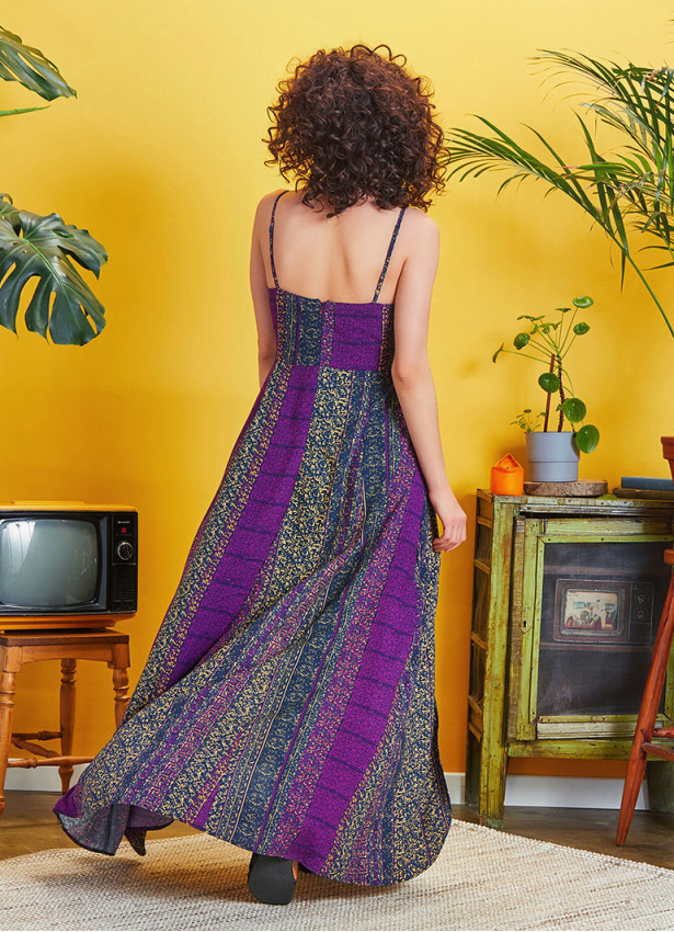 Purple Patterned Strappy Wrap Maxi Dress