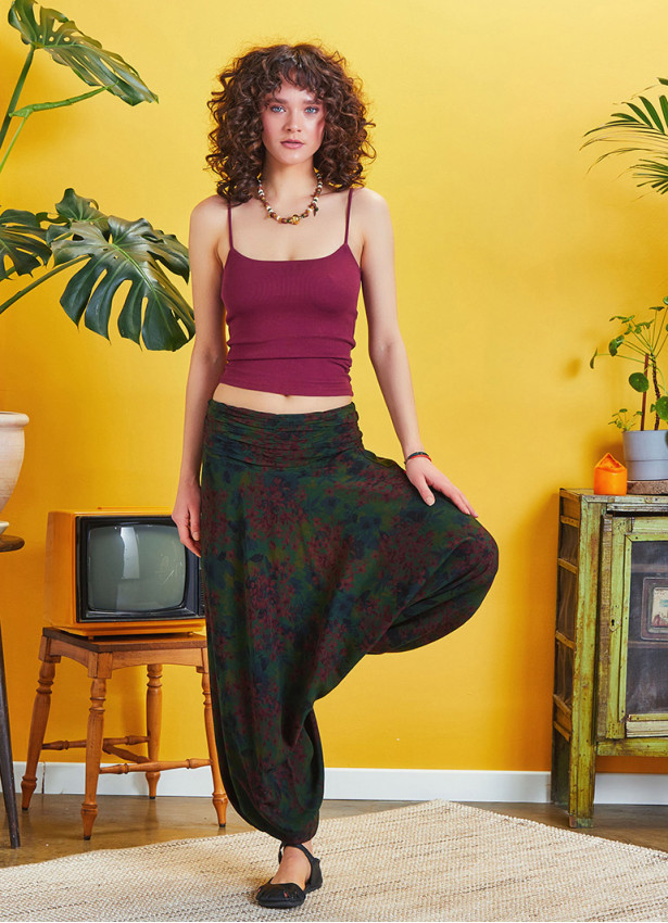 Draped Front Detail Elastic Waist Floral Print Salwar Pants