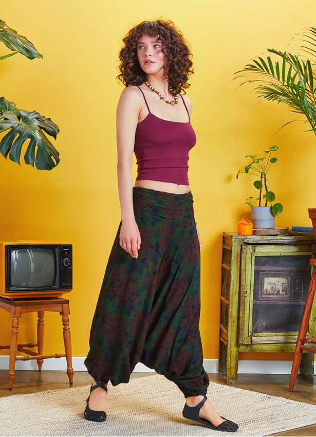 Draped Front Detail Elastic Waist Floral Print Salwar Pants