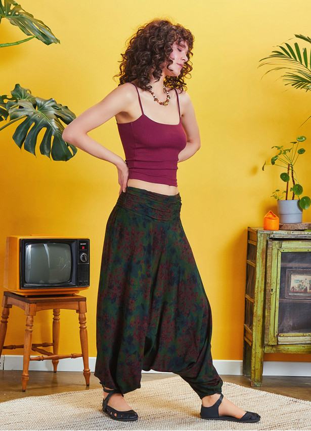 Draped Front Detail Elastic Waist Floral Print Salwar Pants