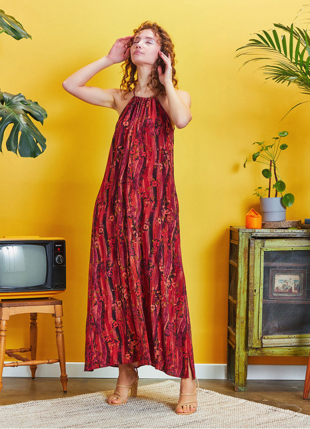 Back Cut Out Halter Necline Maxi Slit Red Print Dress