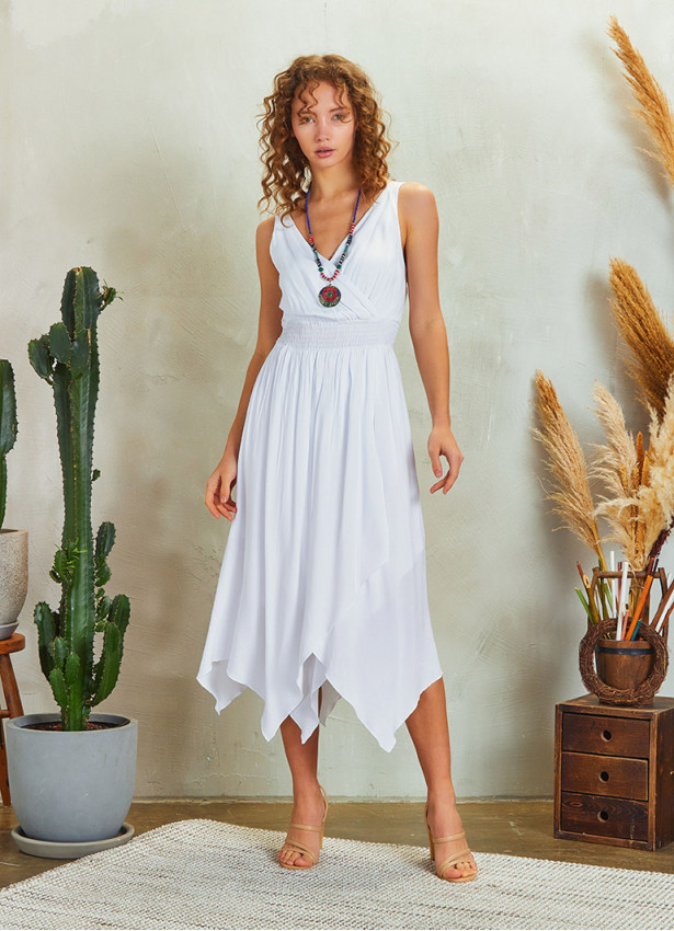 Double Breasted Collar Layered Boho White Dress