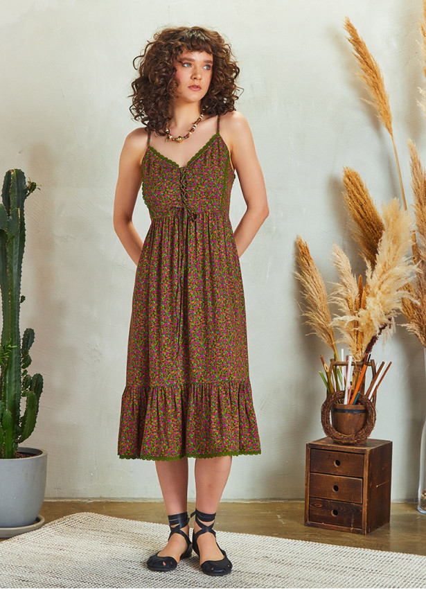 Criss Cross Front Detail Strappy Floral Print Laced Dress