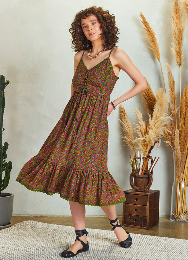 Criss Cross Front Detail Strappy Floral Print Laced Dress
