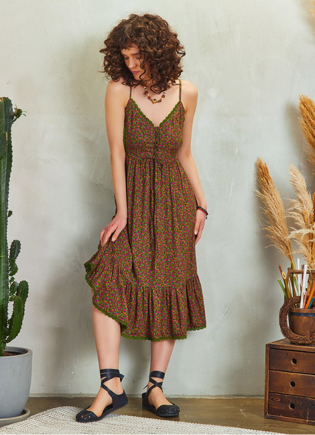 Criss Cross Front Detail Strappy Floral Print Laced Dress