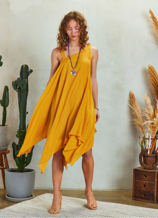 Loose Fit Midi Asymmetrical Yellow Dress