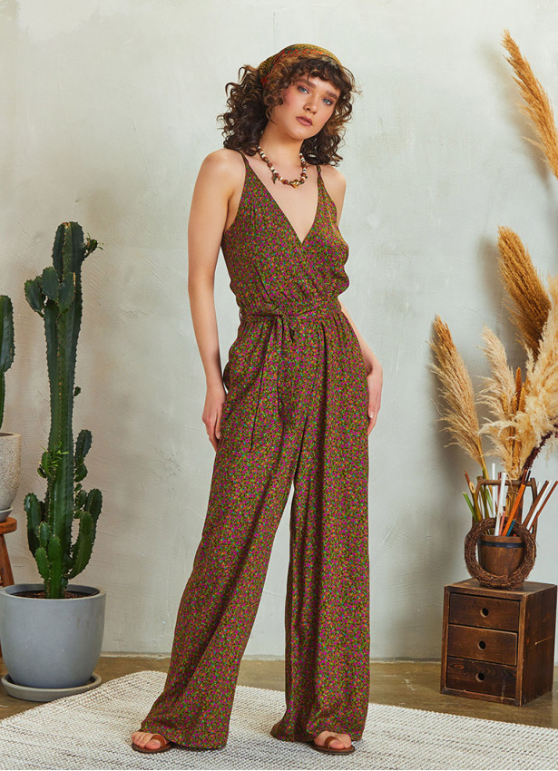 Wrap Neck Tie Waist Wide Leg Floral Boho Jumpsuit