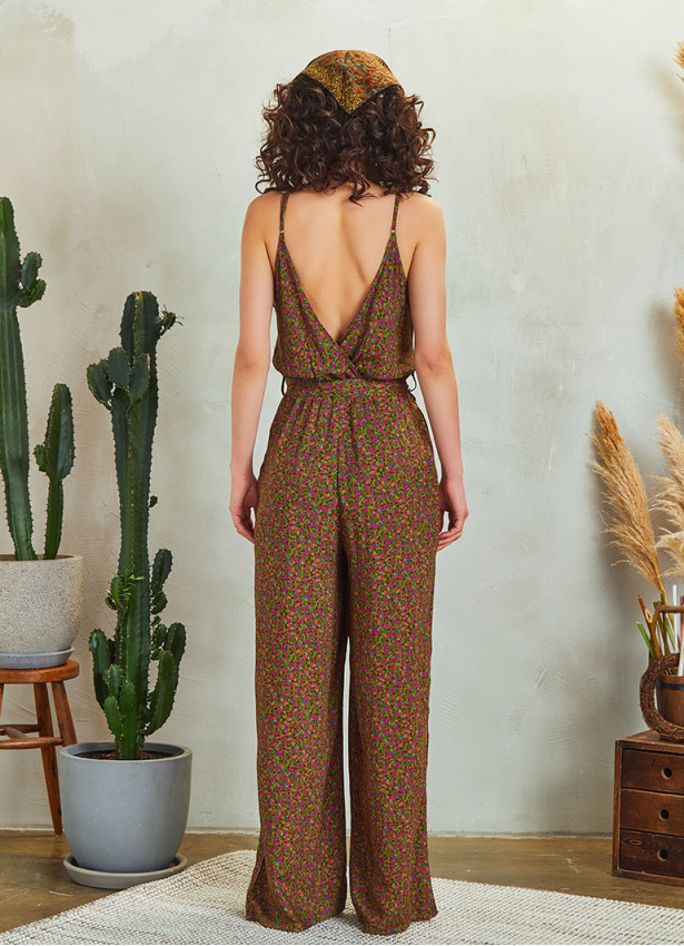 Wrap Neck Tie Waist Wide Leg Floral Boho Jumpsuit
