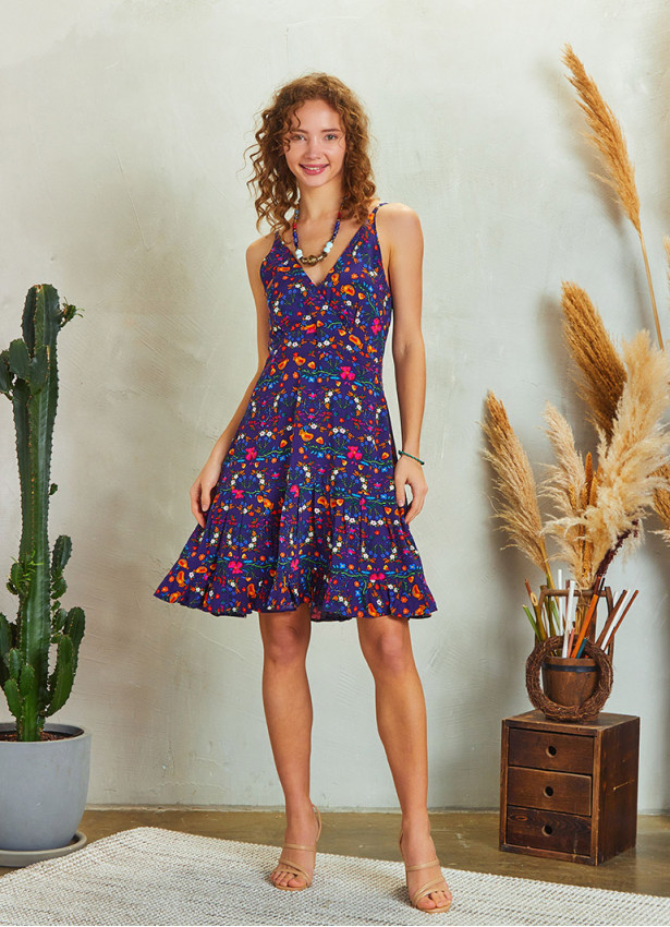 Frill Hem Purple Floral Boho Short Dress