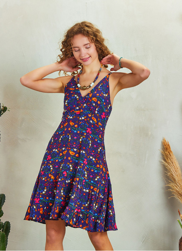 Frill Hem Purple Floral Boho Short Dress