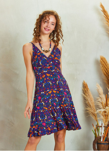 Frill Hem Purple Floral Boho Short Dress