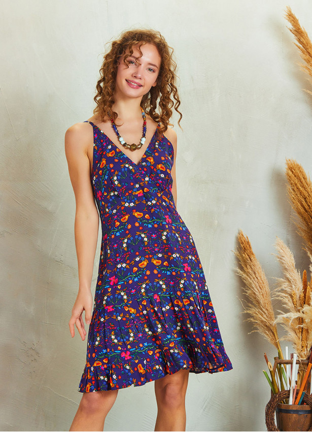 Frill Hem Purple Floral Boho Short Dress