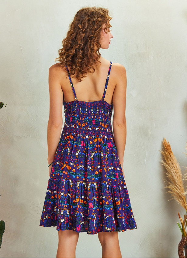 Frill Hem Purple Floral Boho Short Dress