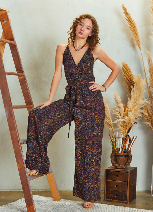 Wrap Open Back Tie Waist Print Wide Leg Jumpsuit