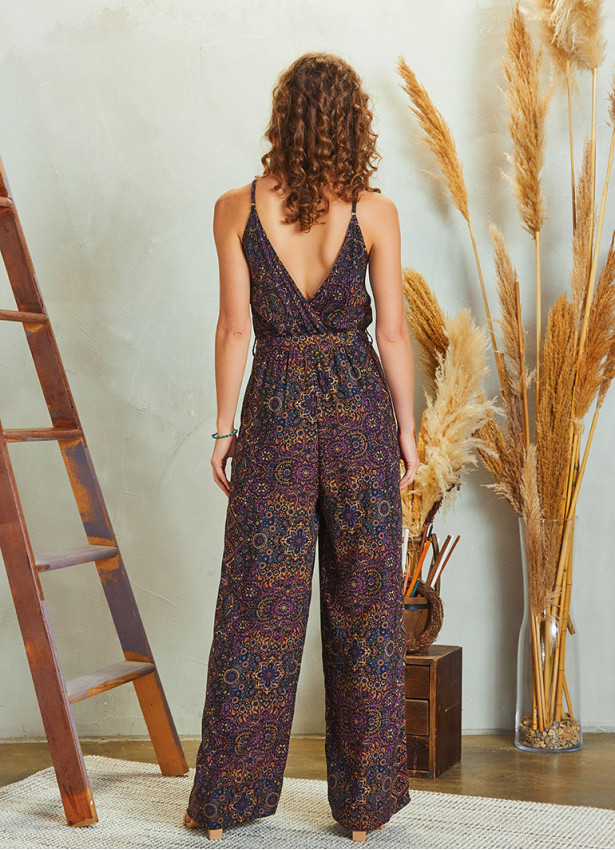 Wrap Open Back Tie Waist Print Wide Leg Jumpsuit