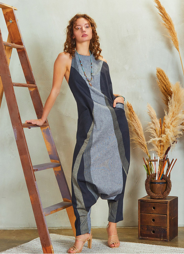 Halter Neck Front Pocket Hippie Style Gray Harem Jumpsuit