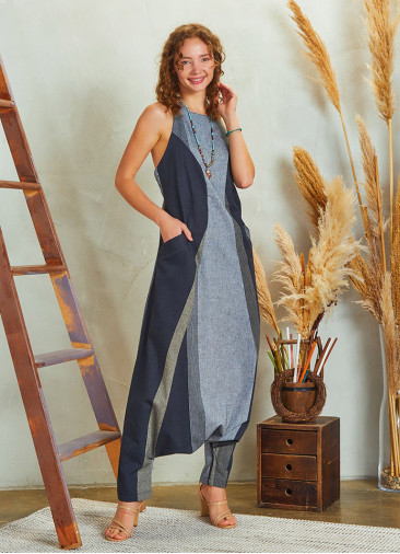 Halter Neck Front Pocket Hippie Style Gray Harem Jumpsuit