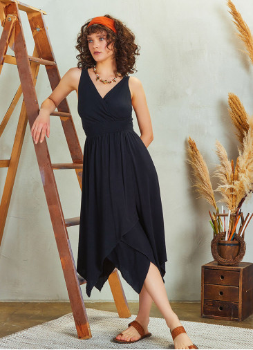 Double Breasted Collar Layered Boho Black Dress