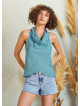 Sleeveless Drape Neck Wrap Front Summer Green Top