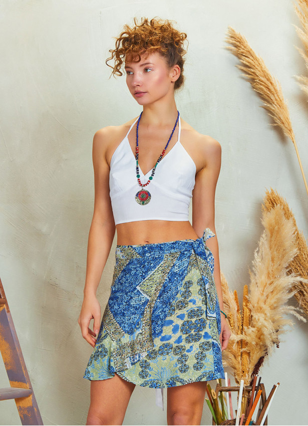 Boho Chic Flared Wrap Blue Print Mini Skirt
