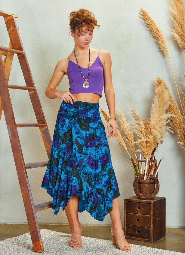Shirred Waist Gypsy Style Ruffled Blue Patterned Midi Skirt