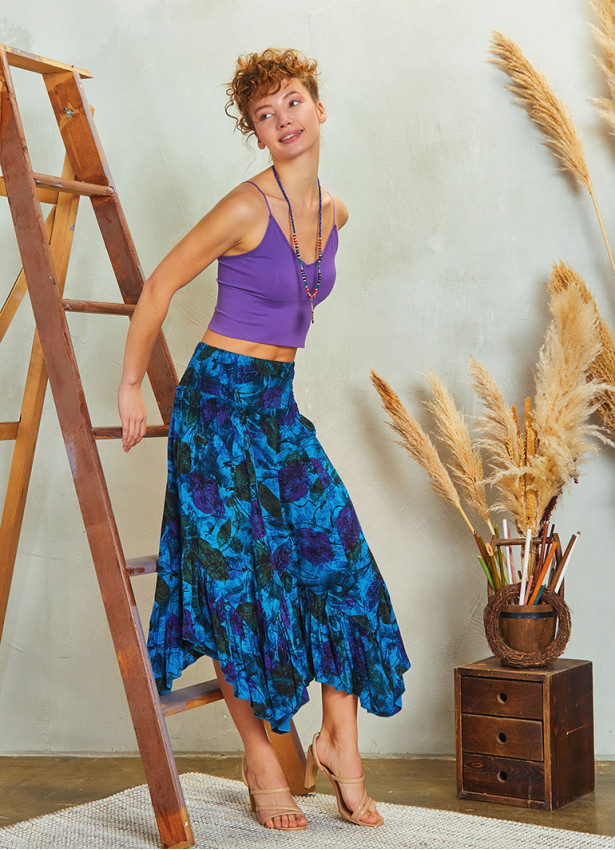 Shirred Waist Gypsy Style Ruffled Blue Patterned Midi Skirt