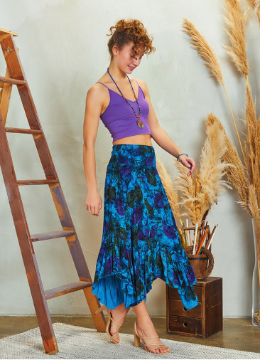 Shirred Waist Gypsy Style Ruffled Blue Patterned Midi Skirt