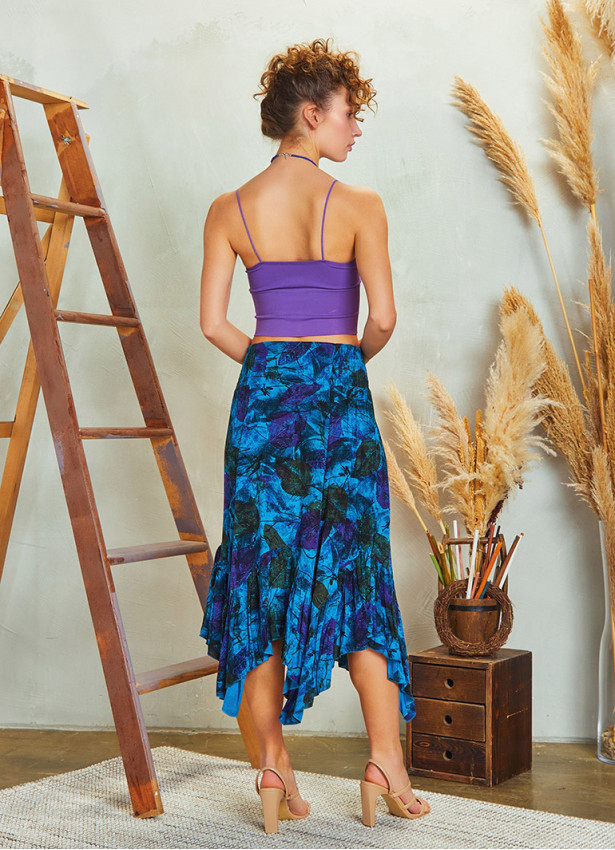 Shirred Waist Gypsy Style Ruffled Blue Patterned Midi Skirt