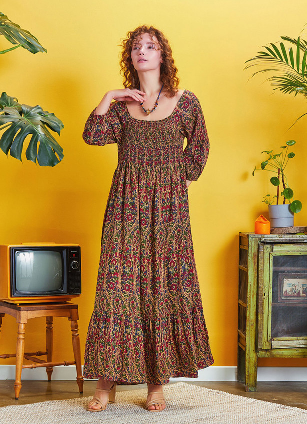 Long Maroon Patterned Summer Dress